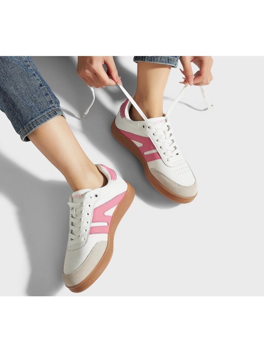 Women's White Pink Leather Lace Up Classic Retro Gum Sole Fashion Sneakers - Picture 2 of 6